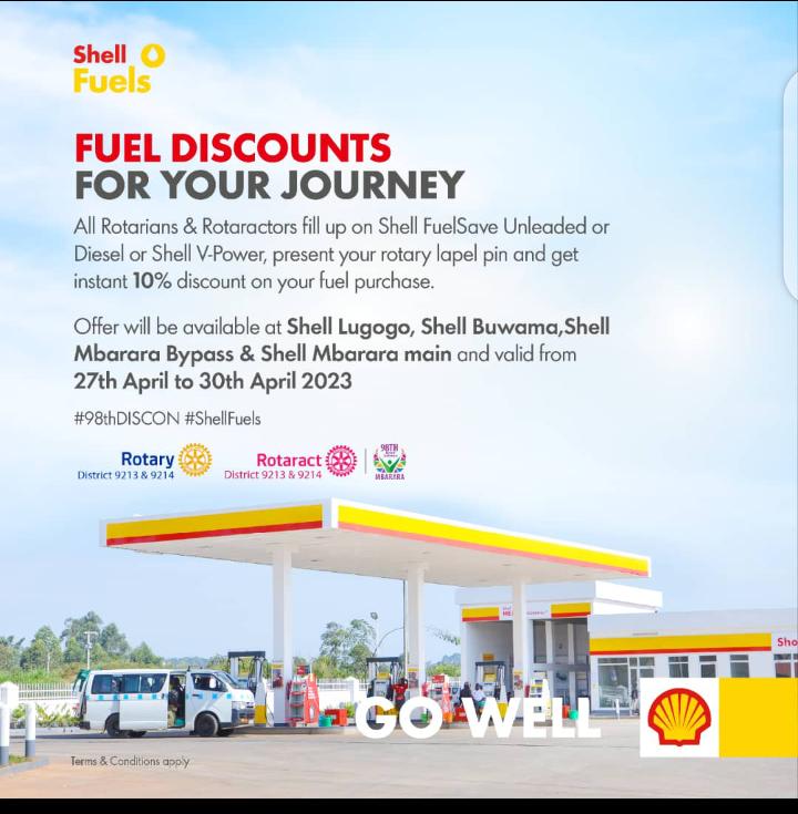 RotaractD9214's tweet photo. Don't miss the opportunity from our dear sponsors @Shell.
To all Rotarians and Rotaractors heading for the
#98THDISCON fill up on Shell Fuel Save; present your rotary lapel pin and get a 10% discount on your fuel purchase between 27th - 30th April #ShellFuels #ShellFuelDiscounts https://t.co/RsW05piFtd