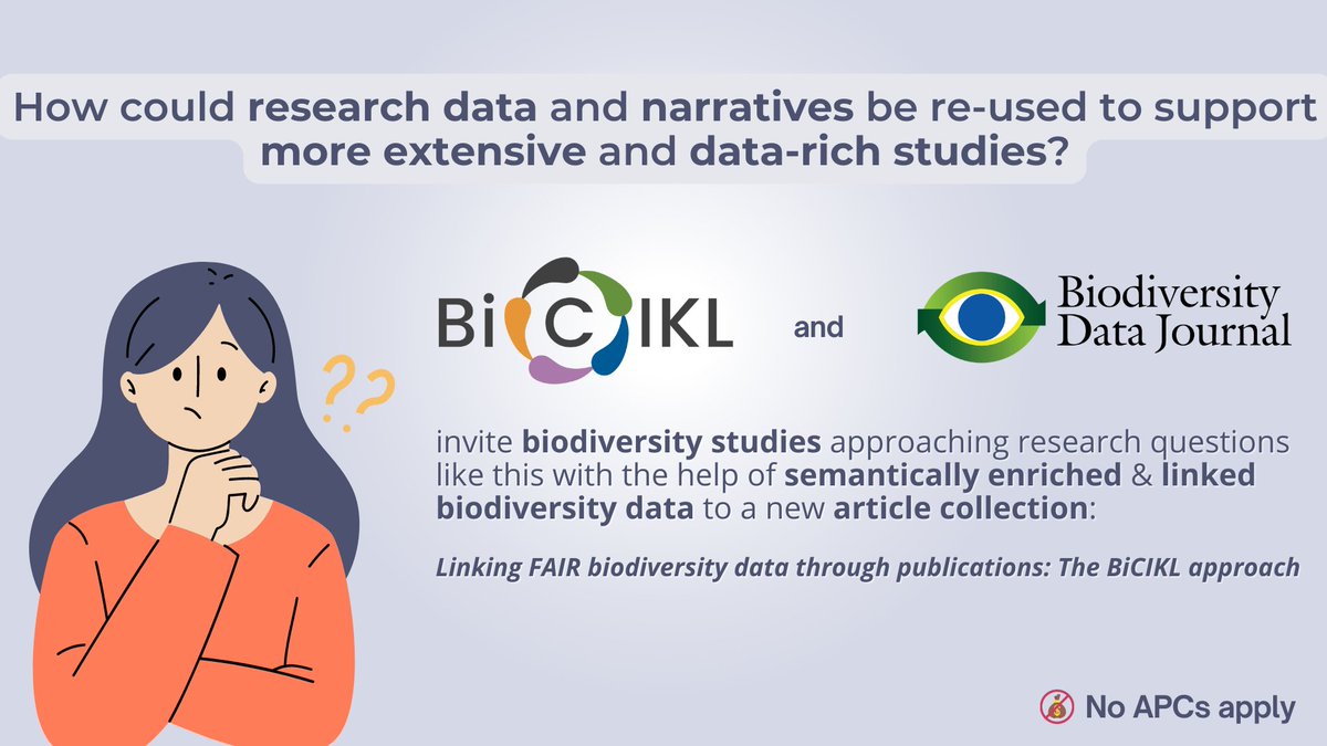 BioDataJournal's tweet image. 📢Shoutout to #biodiversity scientists working on data-rich studies using #LinkedOpenData from research infrastructures like @GBIF, @DiSSCoEU, @plazi_ch's TreatmentbBank, @catalogueoflife etc.:  @Bicikl_H2020 launched a #NoAPC collection: bicikl-project.eu/news/publish-y… ℹ️ #BiCIKL_H2020