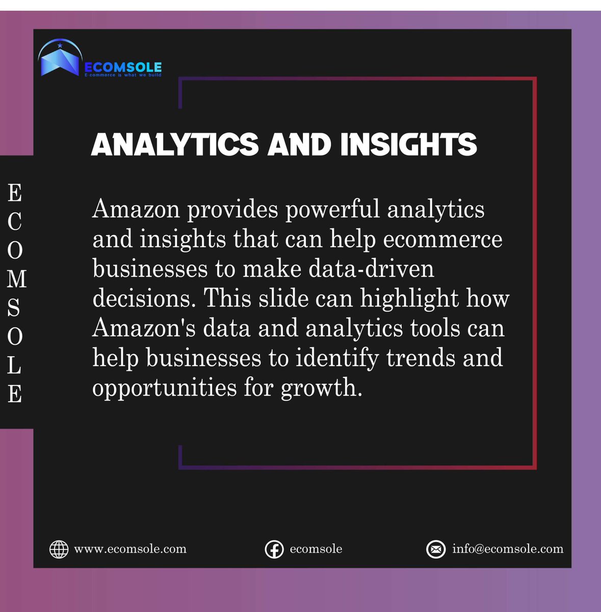 theEcomSole's tweet image. 𝐀𝐧𝐚𝐥𝐲𝐭𝐢𝐜𝐬 𝐚𝐧𝐝 𝐈𝐧𝐬𝐢𝐠𝐡𝐭𝐬
#AmazonAnalytics #DataDrivenDecisions #BusinessInsights #TrendsIdentification #GrowthOpportunities