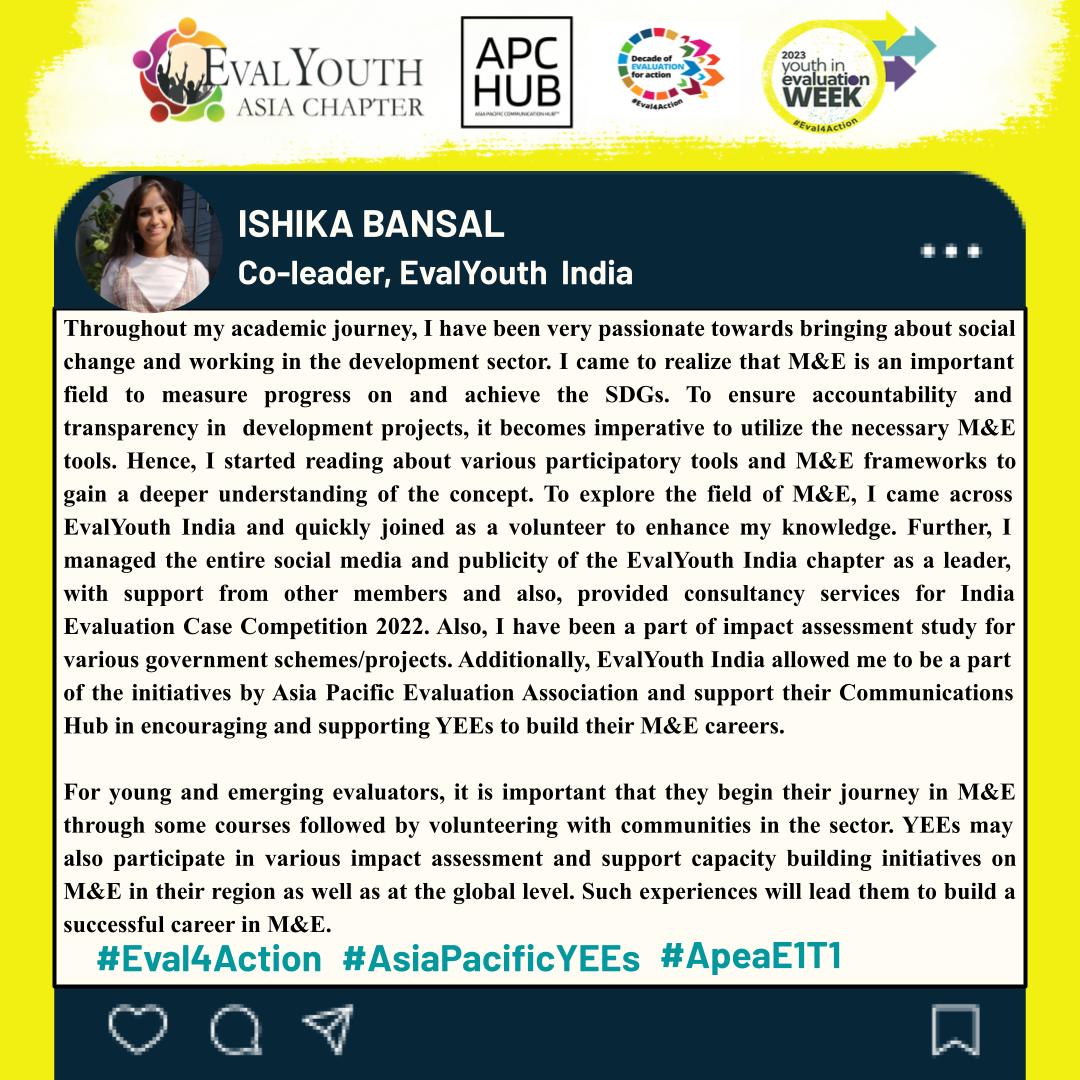 'Here's how passionate, Ishika Bansal, Co-leader @EvalYouth_India works towards bringing social change'

#APCHub #Eval4Action #YouthInEvalWeek #AsiaPacificYEEs 

@EvalyouthAsia @unfpa_eval @Eval_Youth @APEAeval 
@ishikabansal208