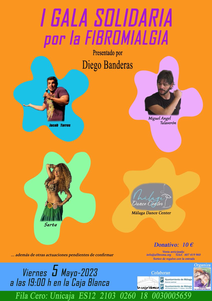 <a href="/AfibromaMalaga/">AFIBROMA MÁLAGA</a>  El próximo día 5 de Mayo, en la Caja  Blanca a las 19 horas vamos a celebrar la I Gala Solidaria a favor de la Fibromialgia <a href="/ComicoJacob/">Jacob Torres</a> <a href="/M_Talaveron/">Miguel Á Talaverón</a>  @SertaTribal  @Malagadancecenter   <a href="/diegobanderas2/">Diego Banderas</a>
 
 Compra tu entrada o aportación a la fila cero.

Gracias