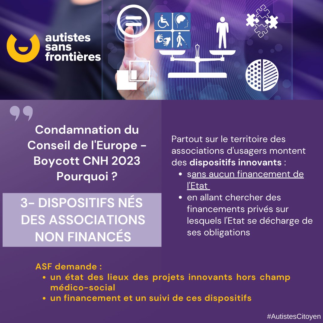 Boycott CNH du 26 avril 2023
7 raisons pour ASF - N°3 Dispositifs innovants nés des associations non financés
#handicap #AutistesCitoyens
Collectif Handicaps