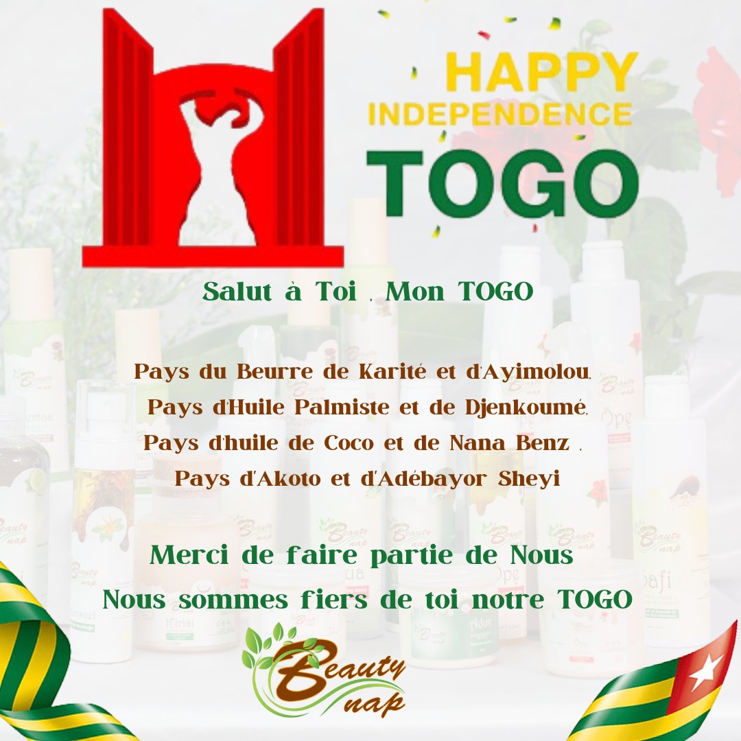 NapBeauty's tweet photo. Salut à Toi , Mon Togo🇹🇬
Pays du Beurre de Karité et d’ayimolou, 
Pays d’huile palmiste et Djenkoumé, 
Pays d’huile de Coco et de Nana Benz , 
Pays de savon noir (akoto)  et d'Adebayor Sheyi
Merci de faire partie de Moi
Nous sommes fiers de TOGO🇹🇬
.
.
.
#beauynap 🇹🇬 
#27avril https://t.co/VLsgkbdjAg