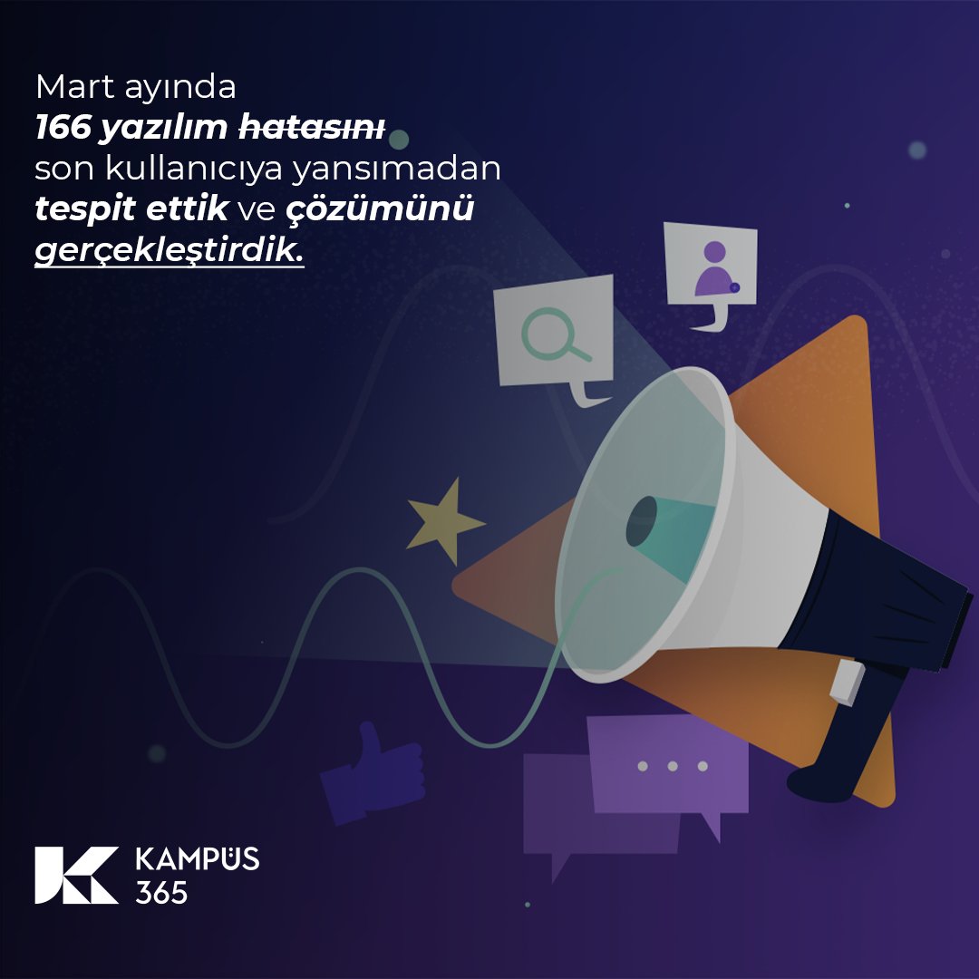 Mart ayında 166 yazılım hatasını son kullanıcıya yansımadan tespit ettik ve çözümünü gerçekleştirdik.

#Kampüs365 #Webinar #Sınıf365 #SanalSınıf #virtualclassroom #EEğitim #EÖğrenme #ELearning #ELearn #EDers #UzaktanEğitim #onlineöğrenme #MobilÖğrenme #CanlıDers #onlineders