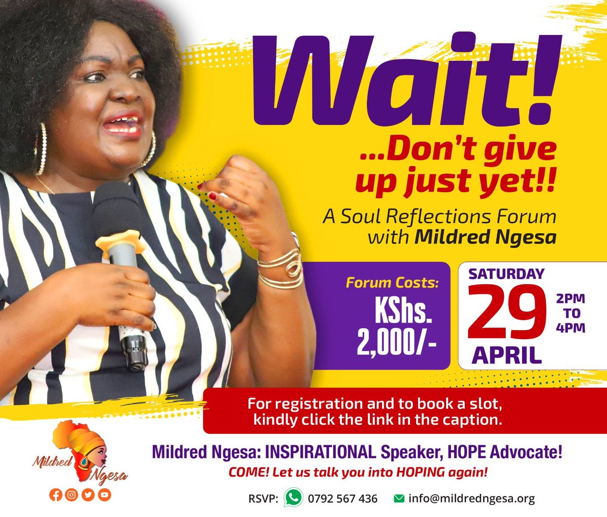 IrunguRay's tweet photo. Have you registered? We have 1 day to go! In the country we live in now, we all need hope. Register now
https://t.co/f6unb0kbi9.
@mildredngesa

#marketinghope #mashirima #casemiro #peterdrury #njeri #letsovercomedepression https://t.co/1gN8qtWKFb