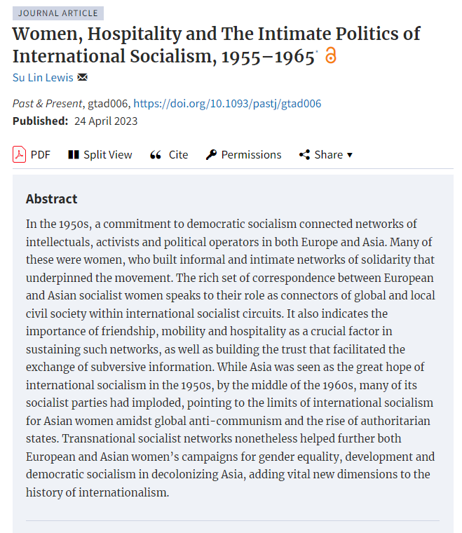 More amazing work by <a href="/sulinlewis/">Su Lin Lewis</a> of interest to the <a href="/InterwarConf/">InterwarConf</a> network, &amp; looking at you <a href="/ProfSrilaRoy/">Srila Roy</a>, @smukherjee_hist  &amp; @durbakatha 🙌Women, Hospitality and The Intimate Politics of International Socialism, 1955–1965 academic.oup.com/past/advance-a…