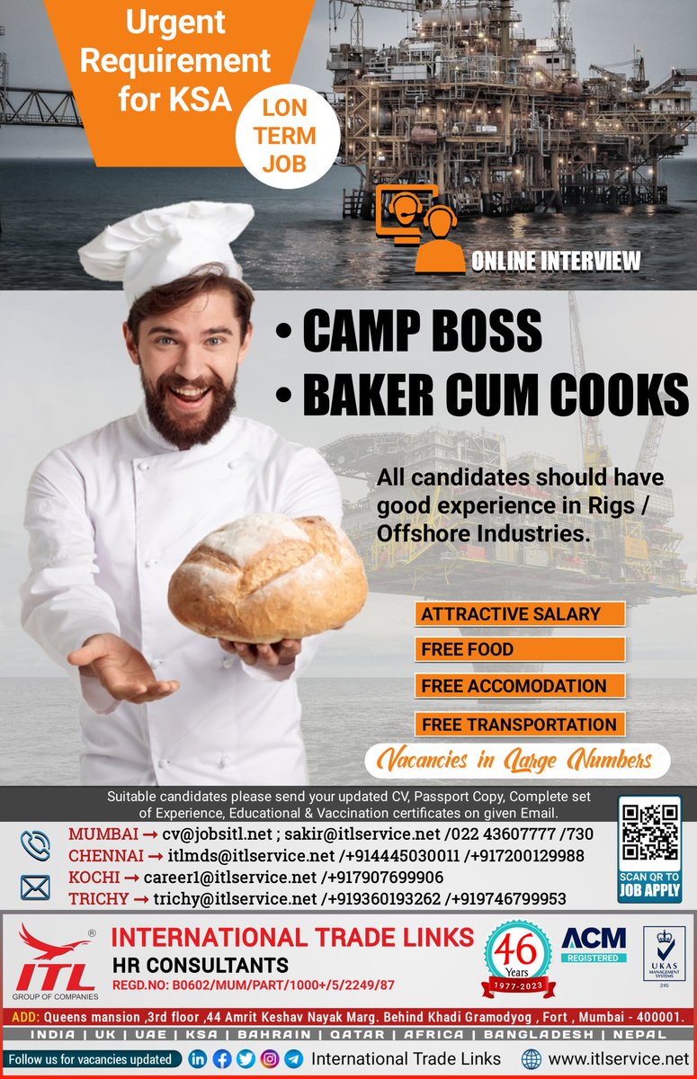 ItlJobs's tweet photo. JOB VACANCY FOR #saudiarabia
Interested candidates, please send your updated CV on given emails
Learn more :
https://t.co/L5a1jS3E2s
#campboss #baker #pastry #cookingjob #chefsofinstagram #cook #nightcook #assistantcook #cookjobs #chefjobs #cooking #rig #rigsjob #offshore https://t.co/4ThrVqwelF