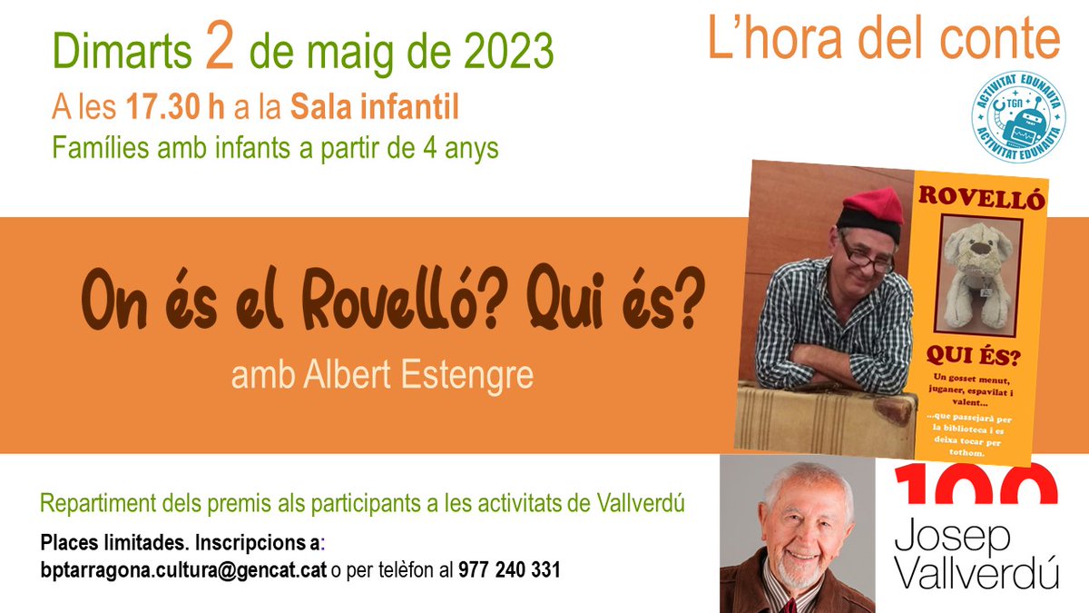 📷 Dimarts, 2/05 a les 17.30 h a la Sala infantil de la Biblioteca:
‘On és el rovelló, qui és?’ Amb Albert Estengre.
A partir de 4 anys. Públic familiar.

Narració de contes de Josep Vallverdú, amb el personatge del Rovelló passejant entremig del públic.
#AnyJosepVallverdú