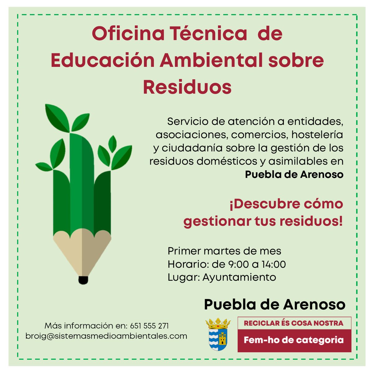rdecategoria's tweet photo. ℹ️  Un nou municipi s'incopora a la Xarxa d'Oficines Tècniques d'Educació ambiental sobre Residus! 👏👏
Ens trobareu a #puebladearenoso el primer dimarts de cada mes per resoldre les vostres consultes sobre residus. 
Us hi esperem! https://t.co/Ce40bNi5Zh