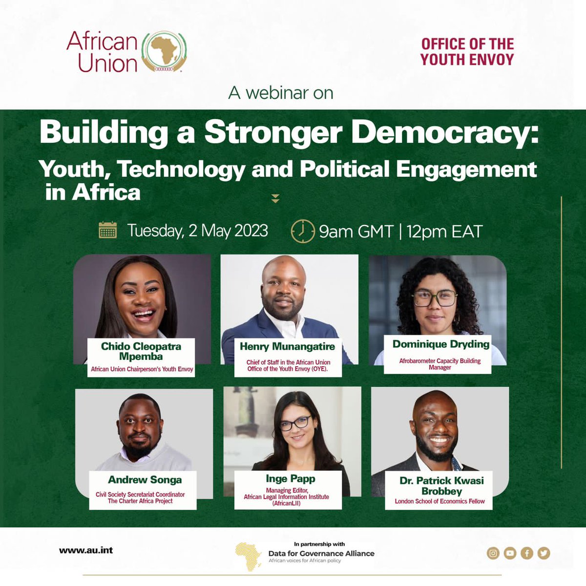 ChidoMpemba's tweet photo. We're thrilled to announce the speakers for our joint webinar co-hosted by the offices of the @AU_YouthEnvoy & @Data4GovAfrica! Join the conversation around the role of technology in building stronger democracies in Africa. Register here: https://t.co/jJz0roX9Bz
#Tech4Gov https://t.co/eyGhfigsH2