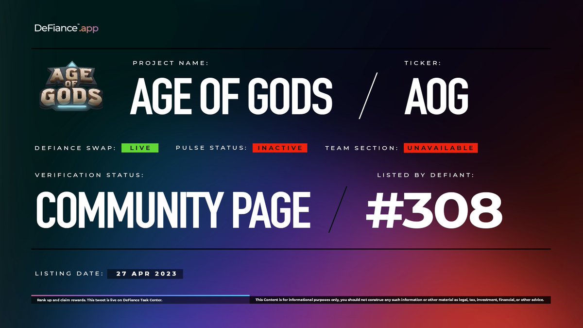 .<a href="/AgeOfGodsnet/">AgeOfGods</a> community page is now live on DeFiance.app/project/Age_of…

$AOG is now listed on #DeFianceSwap.

Age Of Gods is a high quality game where you can play and earn tokens in the process.

Learn more at users.DeFiance.app.
#AgeOfGods #AOG #aog #DeFianceApp
