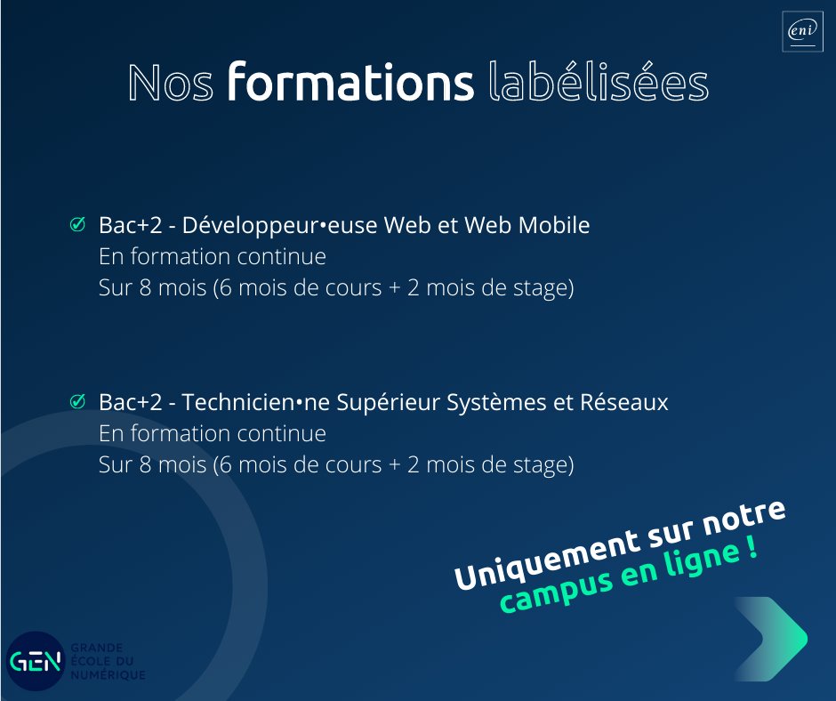 ENIEcoleInforma's tweet photo. Bonne nouvelle ! 2 de nos #formations de notre Campus en Ligne ont été récemment #labellisées @Ecole_Numerique 🧑‍💻

Découvrez en plus sur le label et ses missions juste ici 👇 https://t.co/BNOw2Ra51H