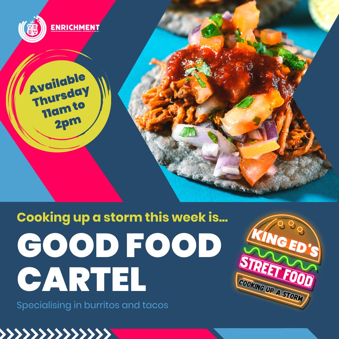 kedst's tweet image. Join us in the Quad this today from 11am where the Good Food Cartel will be cooking up a storm offering a variety of tacos and burritos
#kedstenrichment #kedst #kingedsstreetfood