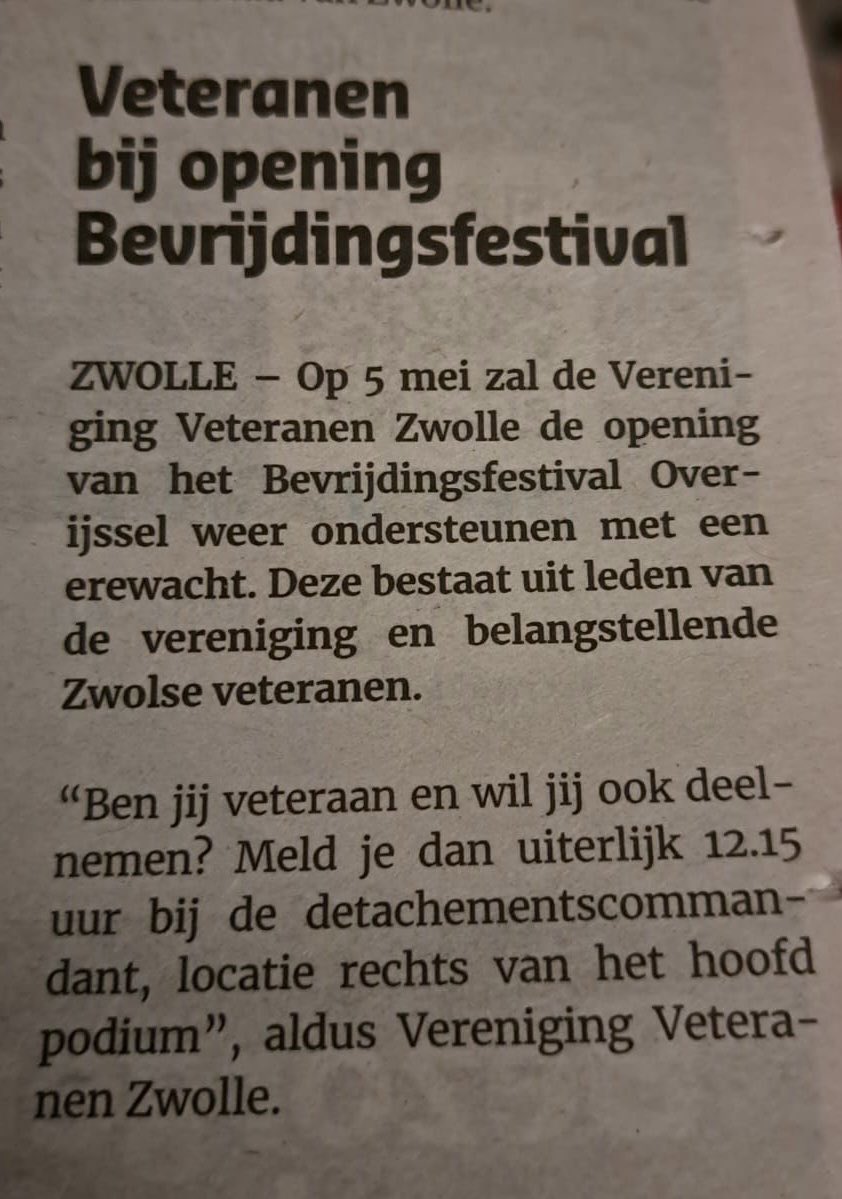 Wil je als veteraan bij de opening van het Bevrijdingsfestival Overijssel zijn? Kom dan op 5 mei naar het Wezenlandenpark. #veteraan #bfo2023 #bevrijdingsfestival #zwolle