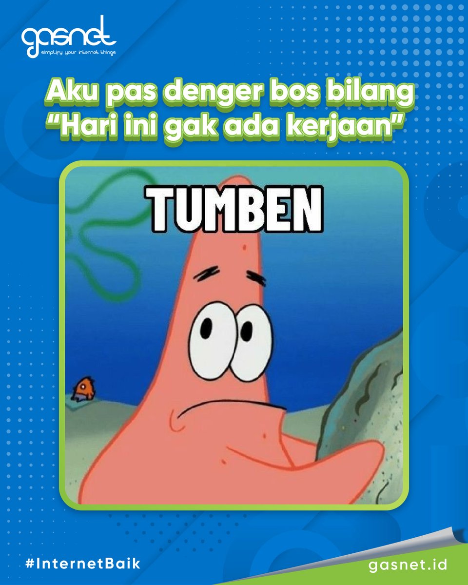 Gasnetid's tweet photo. Yang hari ini udah mulai masuk kerja mana suaranya? 

Biasanya di teror deadline hampir tiap hari, tapi si bos tiba-tiba bilang gitu, apa ngga ngerasa aneh yaa, Gasnetizen? Jadi berasa gabut deh~🤭

Beralih ke #InternetBaik Gasnet!

#Gasnet #InternetDedicated #InternetBroadband https://t.co/0nsxHx8ao4
