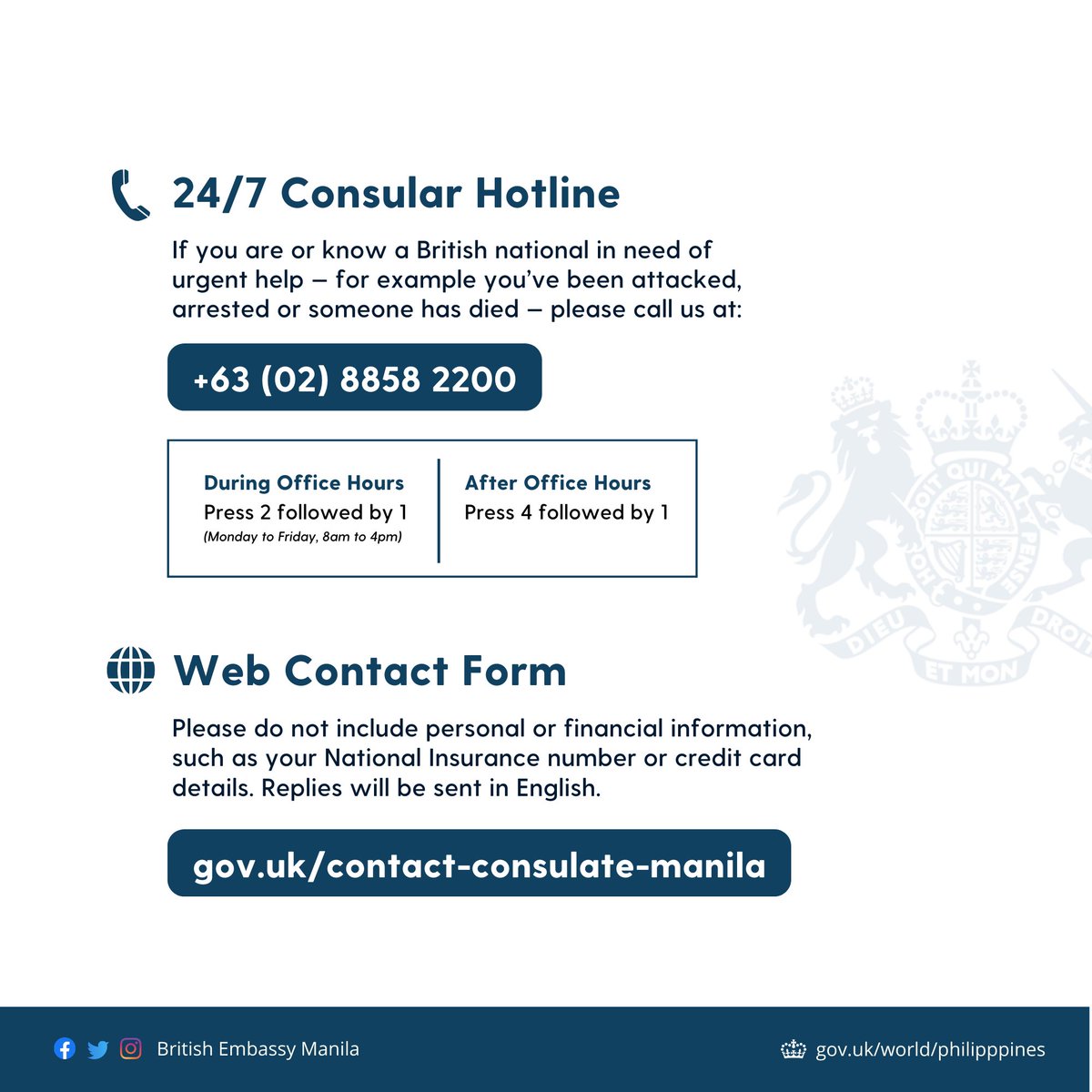 #DidUKnow that you can contact us for consular assistance 24/7, including weekends and holidays?

👉🏻 You can find links to popular topics — including our travel advice, UK passports, and visa requirements here ➡️ linktr.ee/ukinthephilipp… 

#ConsularThursdays