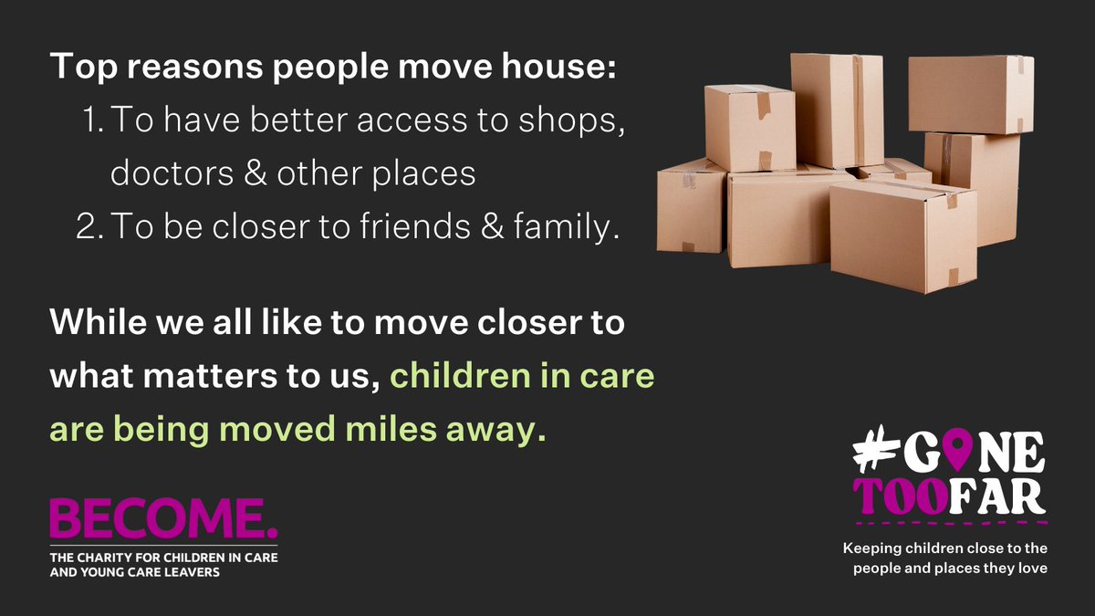 BecomeCharity's tweet photo. 📦 The top reasons people move house:
1. To have better access to shops, doctors etc
2. To be closer to friends &amp; family

🛣️ While we all like to move closer to what matters to us, children in care are moved miles away.

📣 This issue has #GoneTooFar 

https://t.co/CDtUKyZ5RC https://t.co/0gzw5TCSYP