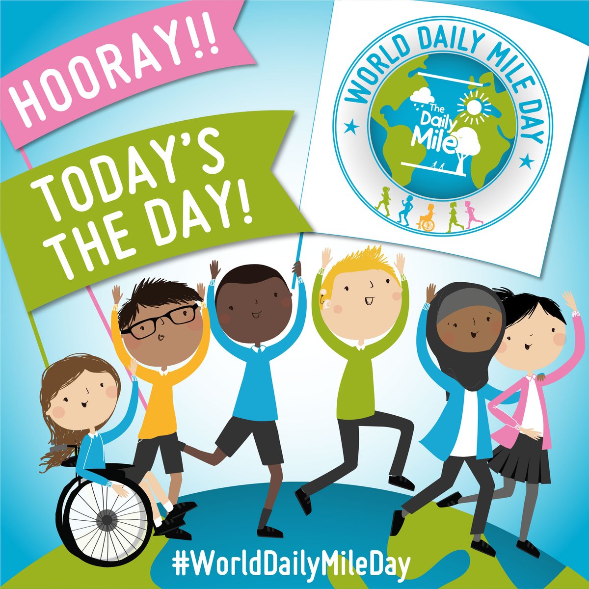 🤩Today's the Day 🤩 

Join us for #WorldDailyMileDay today!

✅15 minutes of running, jogging, wheeling or walking
🌍Join thousands of schools globally
✨Supports children’s wellbeing &amp; boosts mental health

Visit ➡️ thedailymileevents.com