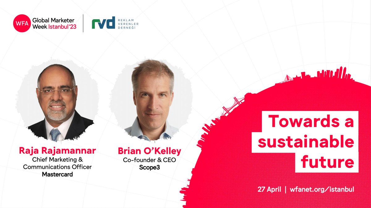 Today, Brian O'Kelley (<a href="/Scope3data/">Scope3</a>) and Raja Rajamannar (<a href="/Mastercard/">Mastercard</a>) will discuss #sustainable #advertising at <a href="/wfamarketers/">WFA</a> #GMW23