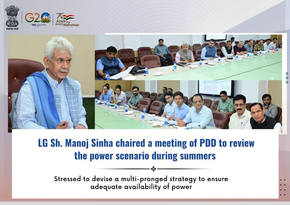 Power Development Department, J&K (@pddjkofficial) on Twitter photo Hon'ble Lieutenant Governor Shri. Manoj Sinha chaired a meeting of Power Development Department to review the power scenario during summers; stressed to devise a multi-pronged strategy to ensure adequate availability of power
<a href="/JPDCLofficial/">Jammu Power DISCOM</a>
<a href="/CEProjectsJPDCL/">OFFICE OF CE PROJECTS @ CEP JPDCL</a>
<a href="/diprjk/">Information & PR, J&K</a> Hon'ble Lieutenant Governor Shri. Manoj Sinha chaired a meeting of Power Development Department to review the power scenario during summers; stressed to devise a multi-pronged strategy to ensure adequate availability of power
<a href="/JPDCLofficial/">Jammu Power DISCOM</a>
<a href="/CEProjectsJPDCL/">OFFICE OF CE PROJECTS @ CEP JPDCL</a>
<a href="/diprjk/">Information & PR, J&K</a>