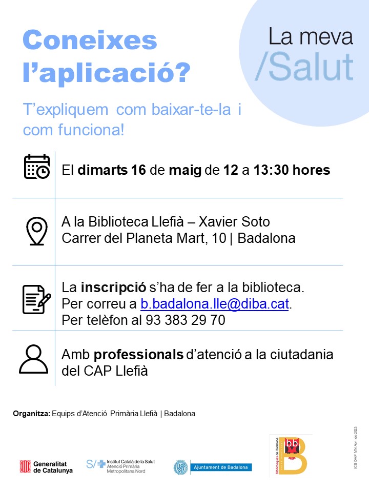 Atenció Primària Metropolitana Nord (@apicsmetronord) on Twitter photo 📌 Xerrada sobre l'app
📱 𝗟𝗮 𝗺𝗲𝘃𝗮 𝘀𝗮𝗹𝘂𝘁 📱
conduïda pel #CAPLlefià #Badalona
🗓️ dimarts 16 de maig
🕘 12 a 13:30h
📍 #BibLlefia <a href="/Badabiblios/">Badabiblios</a> <a href="/AjBadalona/">Ajuntament de Badalona</a>
✏️ Cal inscriure-s'hi 📌 Xerrada sobre l'app
📱 𝗟𝗮 𝗺𝗲𝘃𝗮 𝘀𝗮𝗹𝘂𝘁 📱
conduïda pel #CAPLlefià #Badalona
🗓️ dimarts 16 de maig
🕘 12 a 13:30h
📍 #BibLlefia <a href="/Badabiblios/">Badabiblios</a> <a href="/AjBadalona/">Ajuntament de Badalona</a>
✏️ Cal inscriure-s'hi