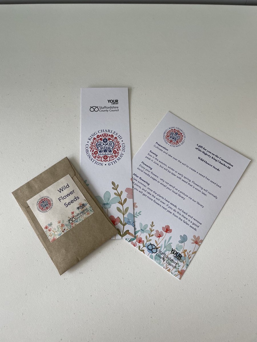 To celebrate King Charles Coronation a gift of wild seeds and book mark . Thank you ⁦<a href="/StaffsLibraries/">Staffordshire Libraries</a>⁩ #Coronation #GreenLibrariesMonth