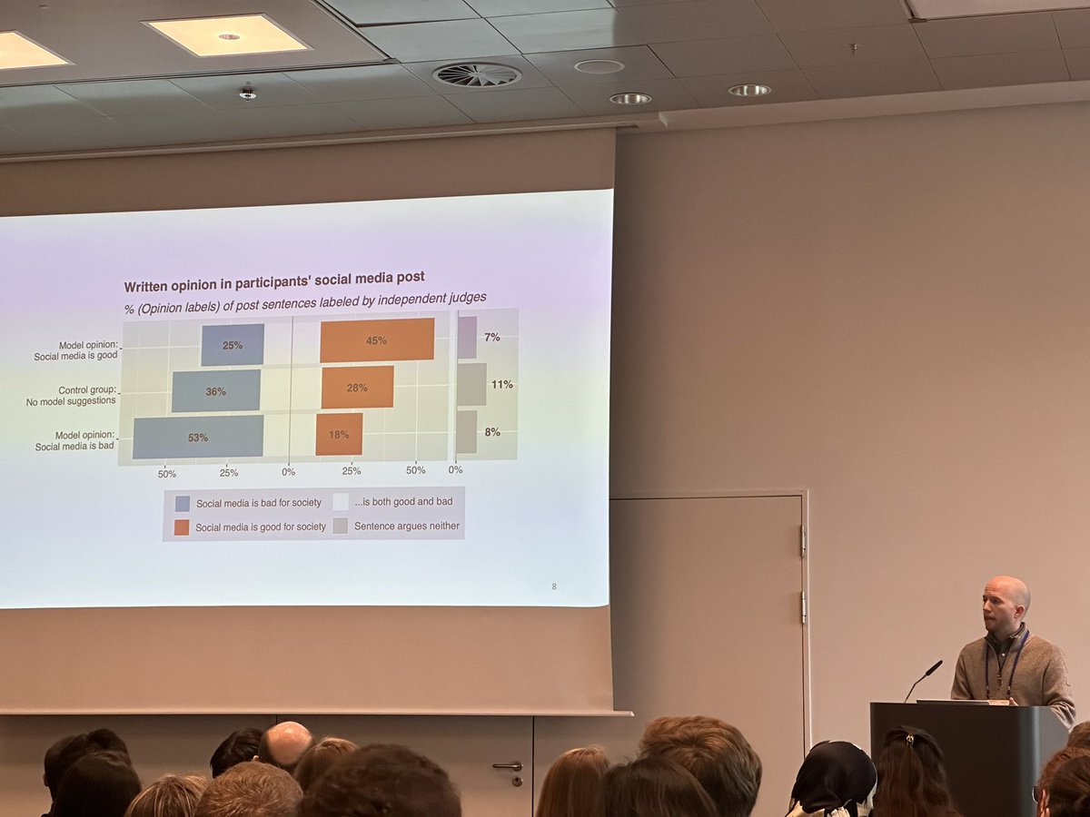 A important lab study that should send shivers down your spine: Co-writing with an opinionated AI-powered co-pilot considerably changed the opinion of about 1,500 participants. An excellent presentation by @maurice_jks of work with @Zalmanson, @informor, and others. All at