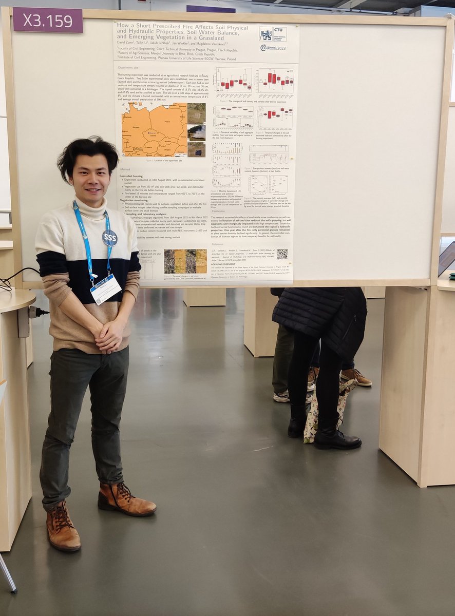 Jsemterrence's tweet photo. 🔥 Curious about how fire impacts soil properties? 🔥 Swing by Hall X3.159 to explore my poster presentation on "Prescribed Fire Affects Soil Physical and Hydraulic Properties"! Don't miss the chance to ignite your knowledge! 🌱💧 #SoilScience 
#EGU23 #fire https://t.co/obO5fKNplc