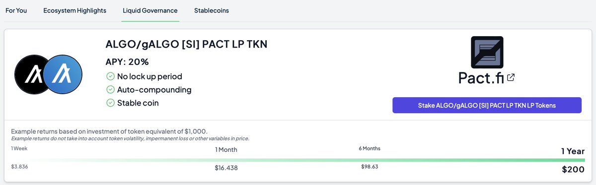 TeamAlgogator's tweet photo. 🔍Looking for today's best #AlgoOpportunities for your gALGO?
🥳Best LP: gALGO / ALGO @pact_fi 20% APY!
👀Take advantage of this opportunity direct from Algogator with #EasyLP!
🐊Connect your wallet now at https://t.co/zZxTU91xQ7
#algorand #defi $ALGO #algofam https://t.co/0bpdMhtWHZ