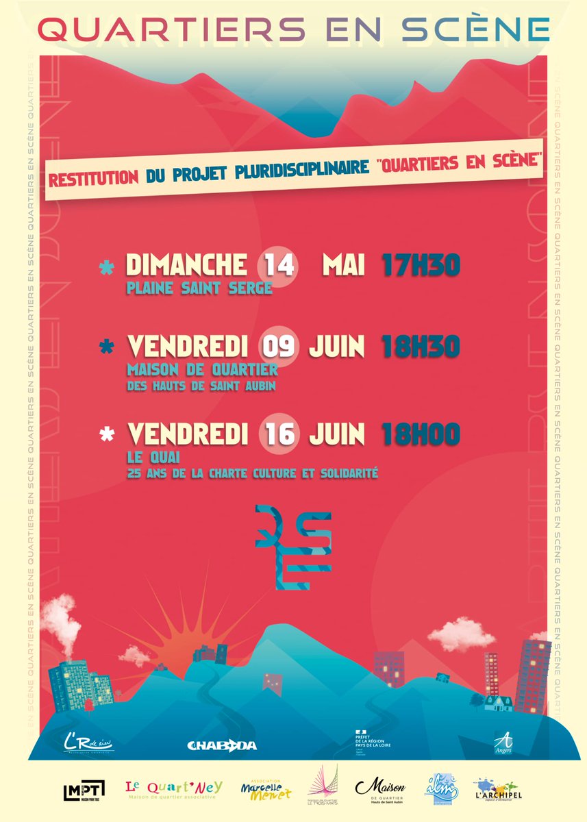 QUARTIERS EN SCENE
Depuis plusieurs mois, des habitants des quartiers d'Angers préparent l'évènement Quartiers en Scène ! Venez les encourager et assister à leur prestation sur le thème du LACHER PRISE.
14 Mai , 9 Juin , 16 Juin