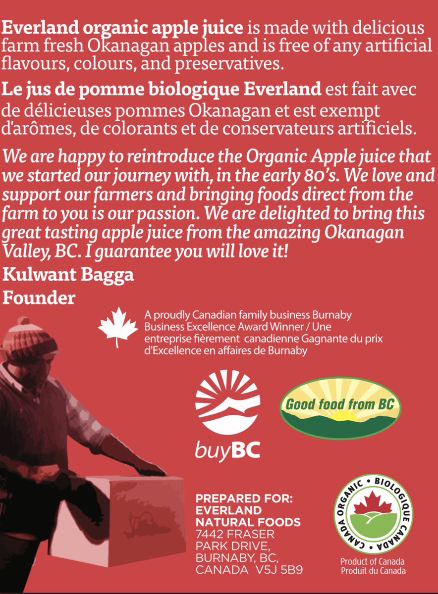 EVERLANDFOODS's tweet photo. We are delighted to introduce our delicious 
Organic Apple Juice in one gallon 3.79 L recyclable glass bottles. 
Ask your favourite store to get it from Jiva Organics Manufacturing &amp; Distributing Canada 
#local #organic #sustainable @jiva_organics @BuyBCFood
@EatDrinkBuyBC https://t.co/cPuAeVnlfZ