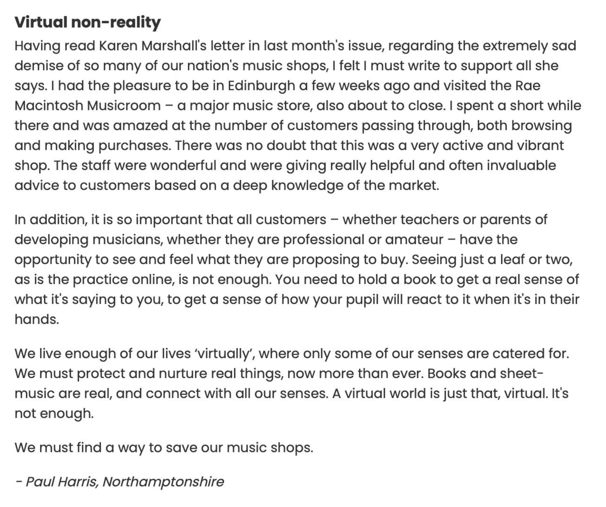 PaulHarris_Cl's tweet photo. Rather worried by the national demise of music shops and so wrote the following to Music Teacher Magazine which they've kindly published in the May 2023 issue.
It's a serious problem which we all need to give some thought to! https://t.co/aFpITUJTbt