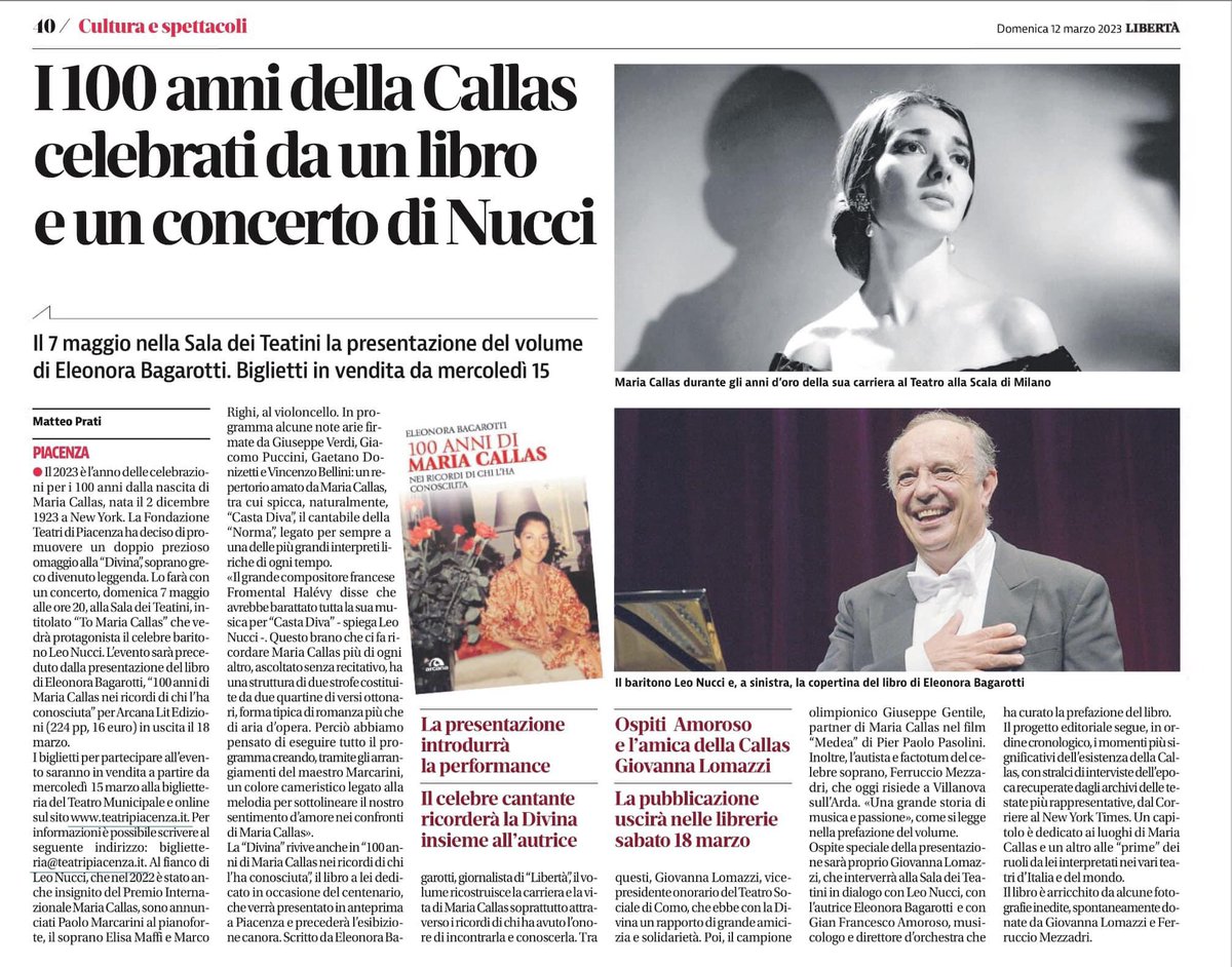teatripiacenza's tweet photo. Il centenario della nascita della Divina #MariaCallas celebrato con il libro di Eleonora Bagarotti e il concerto con #LeoNucci: domenica 7 maggio, ore 20, alla Sala dei Teatini.
👉 Info e biglietti: https://t.co/eitn63ZNKS https://t.co/ix3TEaIjE5