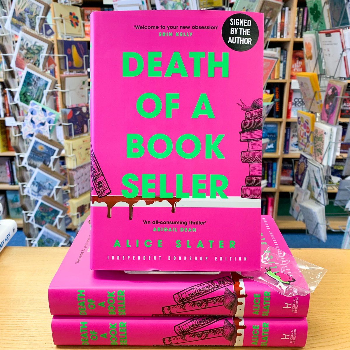 This fantastic book #DeathOfABookseller by Alice Slater is out now! 

And we have signed indie editions and a few beautiful snail pins (swipe to see) while stocks last!