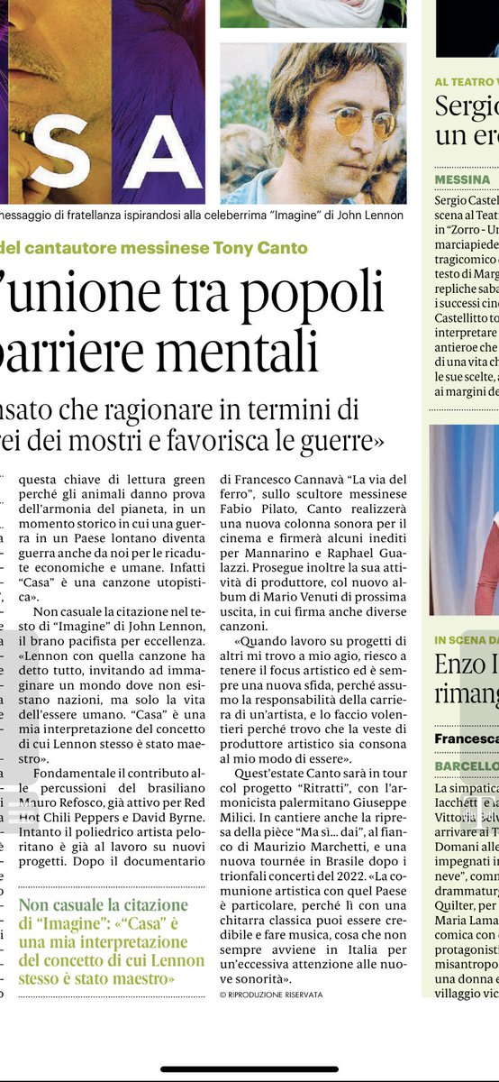 Su @GazzettaDelSud di oggi parlo con <a href="/tonycanto1/">tony canto</a> del suo ultimo singolo #Casa, scritto con <a href="/Kaballamusic/">Kaballà Pippo Rinald</a> e disponibile in radio e digitale. Un messaggio di unione tra i popoli, al di là delle specifiche appartenenze territoriali.