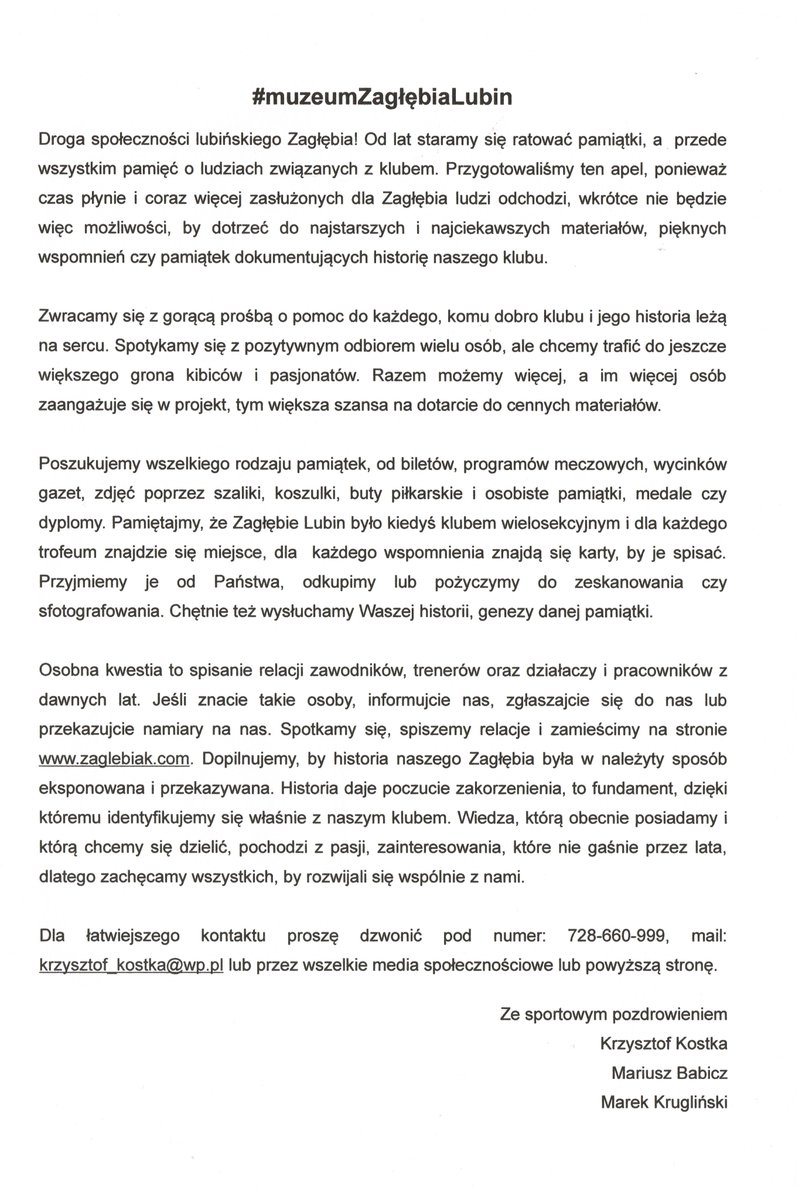 #TwitterZL jak wspominałem jakiś czas temu przed meczem <a href="/ZaglebieLubin/">Zagłębie Lubin</a> z <a href="/RTS_Widzew_Lodz/">Widzew Łódź</a> ruszamy z akcją ulotkową mającą na celu wsparcie #muzeumZagłębiaLubin

zaglebiak.com/index.php/2023…

Za każde RT będę wdzięczny. 

<a href="/SpecjalisciZL/">Specjaliści🎙ZL</a> <a href="/ocb03pl/">herej?</a>