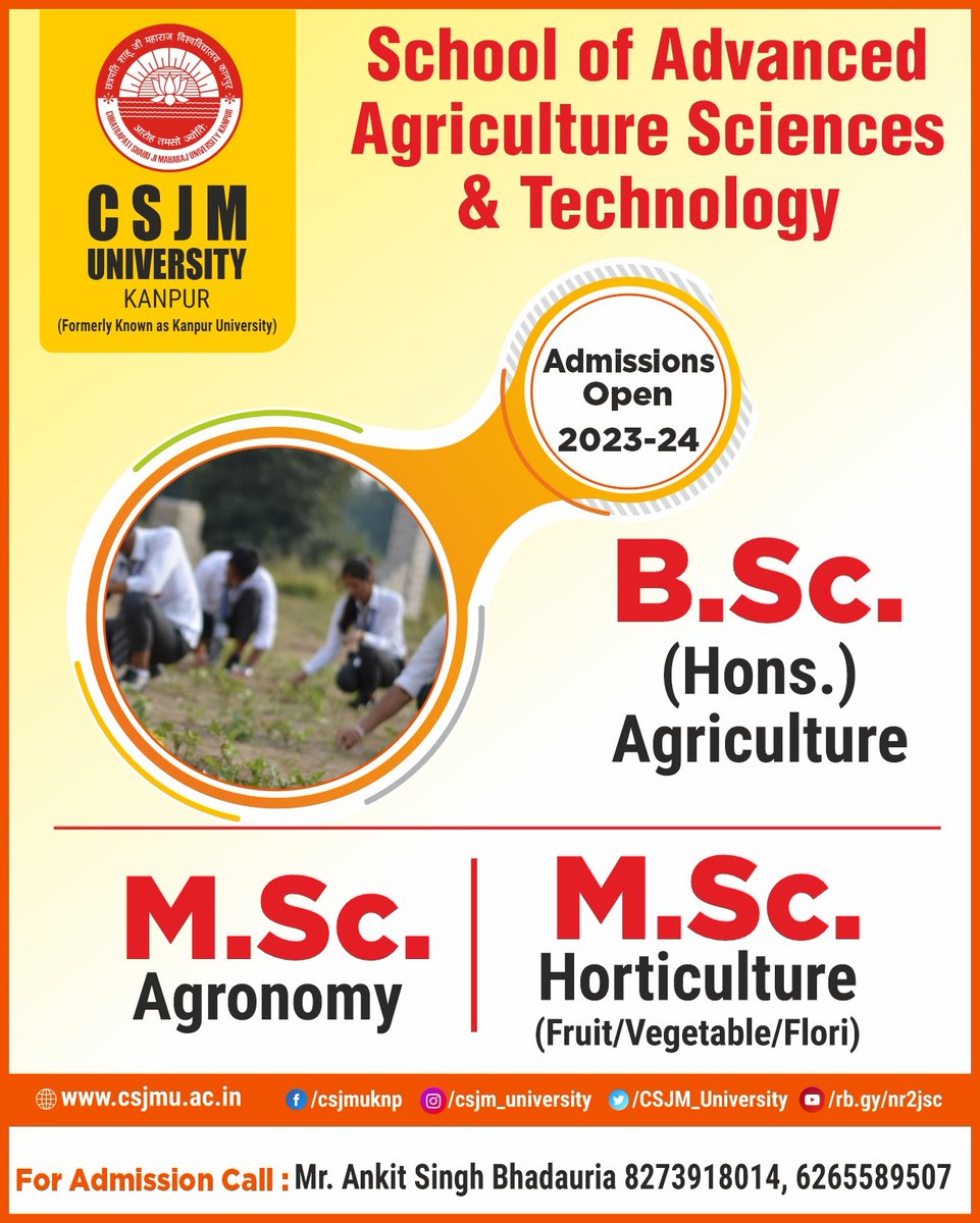 Transform Your Passion for Agriculture/Horticulture into a Rewarding Career with Our Programs. Admissions open for limited seats. Apply Now admission.csjmu.ac.in/WRNRegistration

#bscagriculture #horticulturecourses #agronomy #admissionsopen2023_24