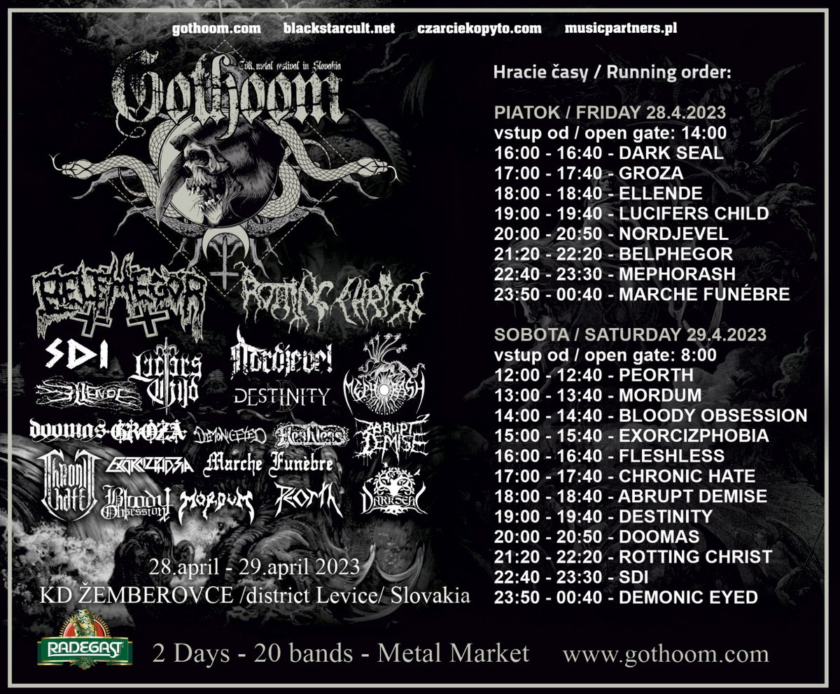 @_belphegor BELPHEGOR 🇦🇹 🤘💀🤘
THIS FRIDAY BELPHEGOR HEADLINE GOTHOOM FESTIVAL IN SLOVAKIA!
28.04.2023 - SVK - Zemberovce, Gothoomfest Gothoom open air fest
Support BELPHEGOR´s mission and grab your copy of »THE DEVILS« here: nblast.de/Belphegor-TheD…