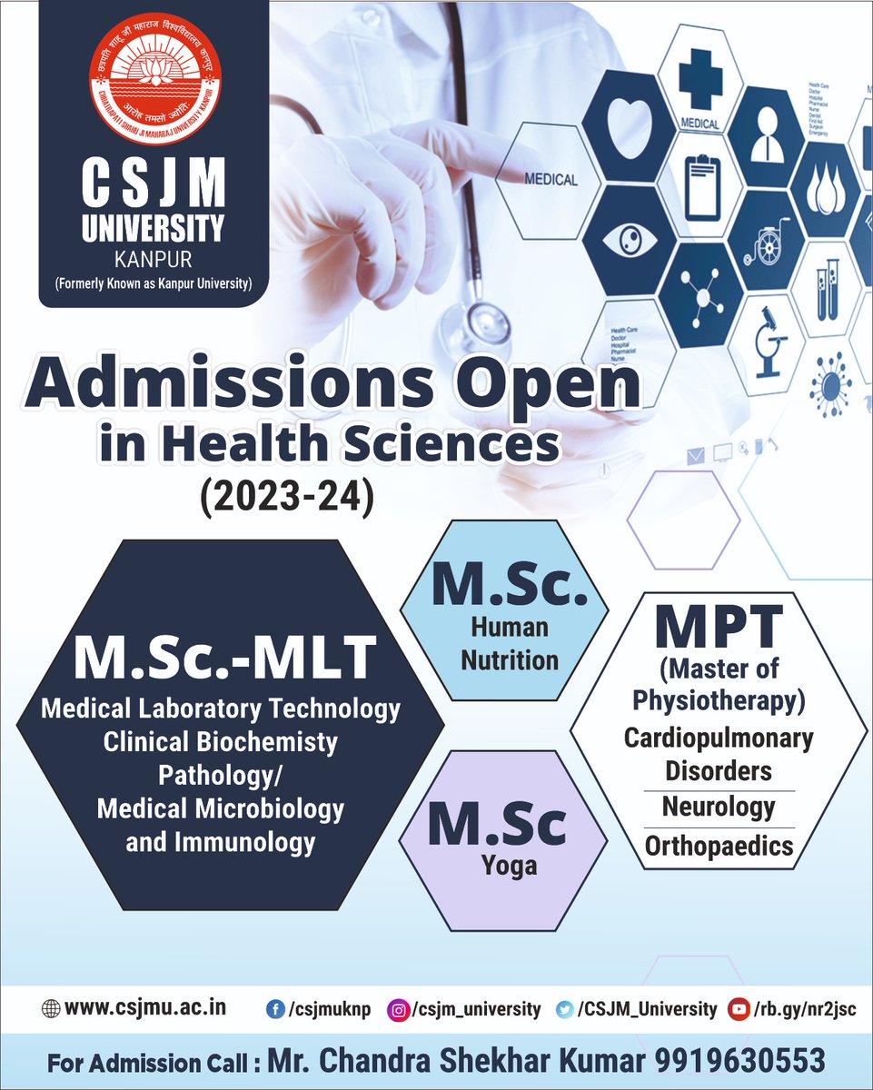 csjmuofficial's tweet photo. Achieve Your Career Goals with an MSC in MLT, Physiotherapy, Yoga and more! Enroll Now https://t.co/hFnXiQslZQ

#mscmlt #mscmpt #mscadmissions2023 #mschumannutrition https://t.co/UozA0DchX3