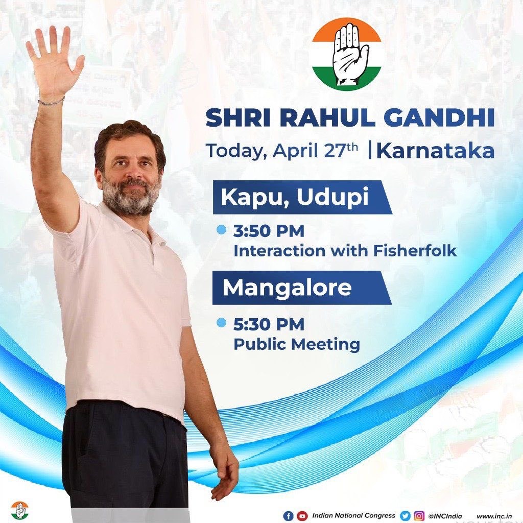 KeralaWithRG's tweet photo. Today Shri @RahulGandhi will visit Karnataka to attend a public meeting in mangalore &amp; engage in an interaction session with the fisherfolk community in Udupi. https://t.co/oTDqhM5a9J