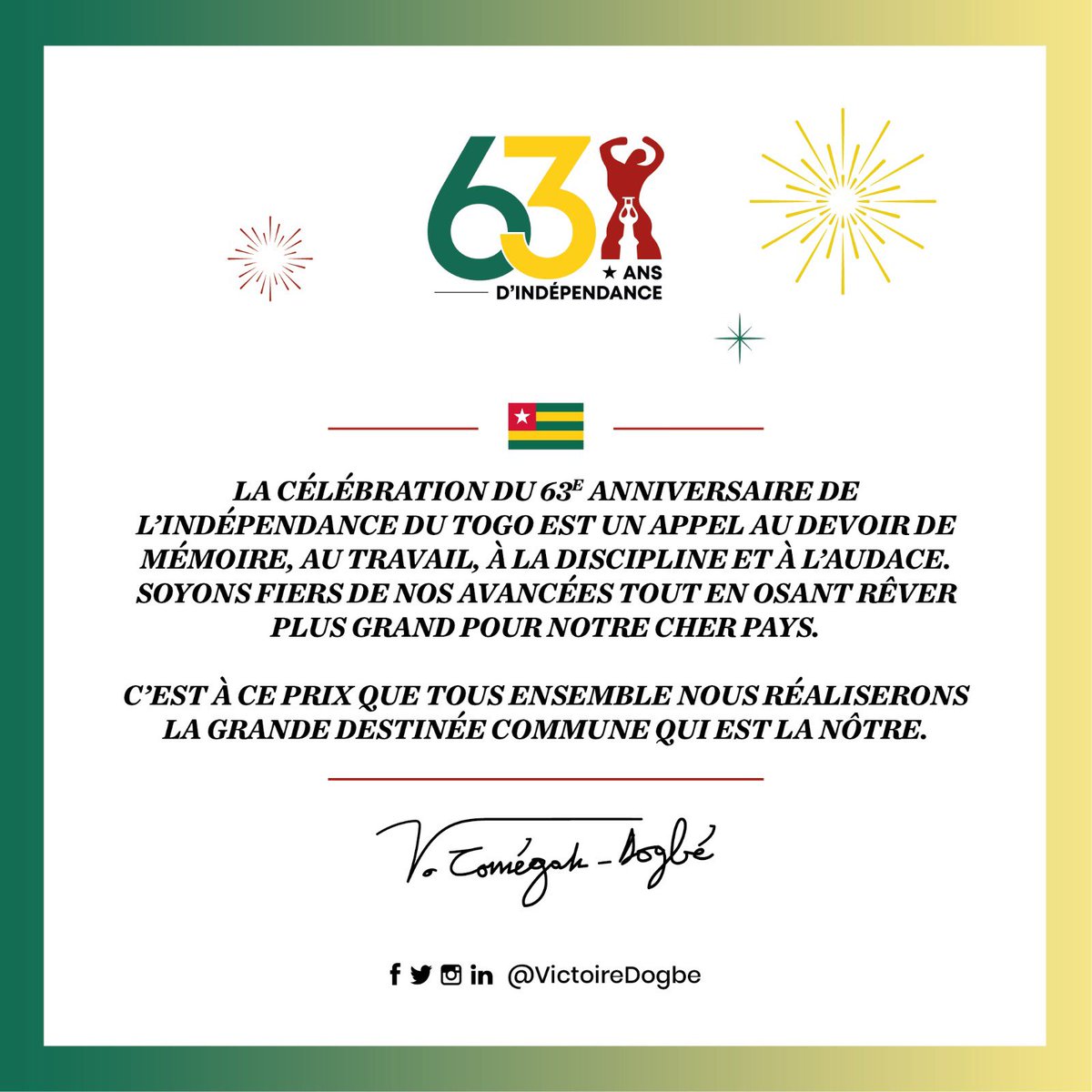 Bonne fête de l’indépendance! 

#Togo63
#PourLeTogo🇹🇬