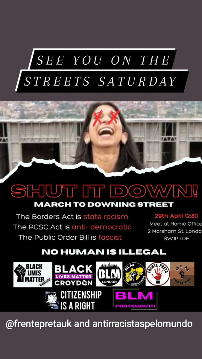 SHUT IT DOWN!
The boards Act, the PCSC Act and the public Orders bill are infringements on our human rights. 
It's time to send this government a message. 
Saturday 29th,Home Office 
#NoHumanIsIllegal #EndRacism 
#ProtectHumanRights #BLM