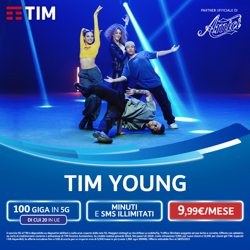 TIM_Official's tweet photo. Se hai meno di 25 anni scegli #TIMYoung! 🤩
Divertiti al massimo con 100 Giga, Minuti e SMS ILLIMITATI e naviga alla velocità del #5G a soli 9,99€/mese. 👇
#LaForzaDelleConnessioni
