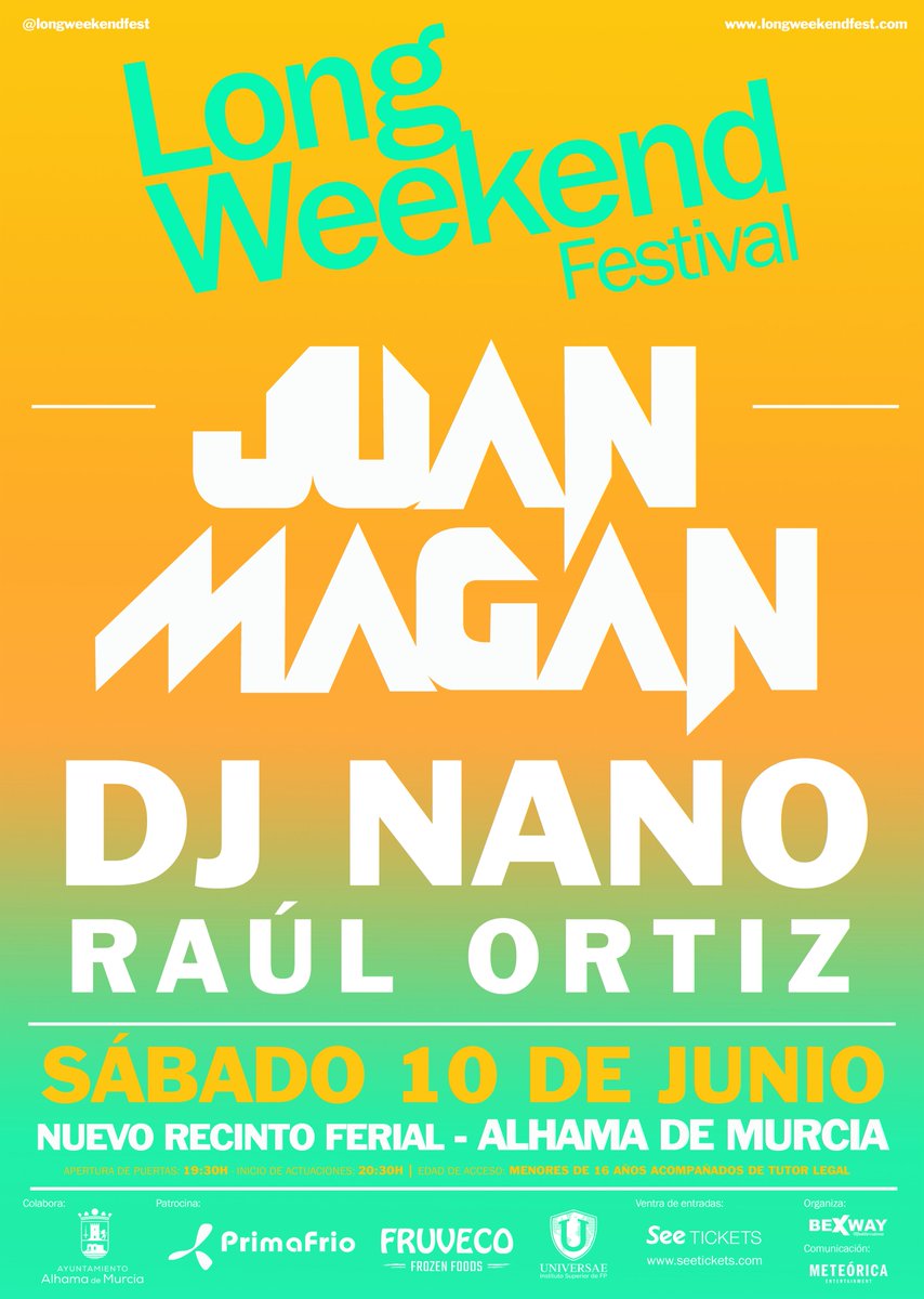 longweekendfest's tweet photo. El próximo 10 de junio llega a Alhama de Murcia una nueva propuesta musical para el puente de #LaRegiónDeMurcia. El Long Weekend Festival que contará en su primera edición con @JuanMagan, @djnanoshow y Raúl Ortiz.

🎟️ ENTRADAS YA DISPONIBLES: https://t.co/wUV2XyC2tD https://t.co/Sv314IG2Ni