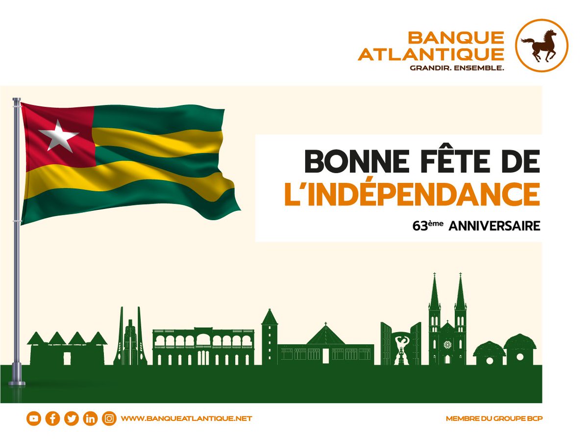 🇹🇬  #TOGO [𝗙𝗘̂𝗧𝗘 𝗗𝗘 𝗟'𝗜𝗡𝗗𝗘́𝗣𝗘𝗡𝗗𝗔𝗡𝗖𝗘]
Banque Atlantique souhaite une bonne fête de l’indépendance au peuple Togolais.

#BanqueAtlantique
#GrandirEnsemble
#IndependanceTogo
#63èmeAnniversaire