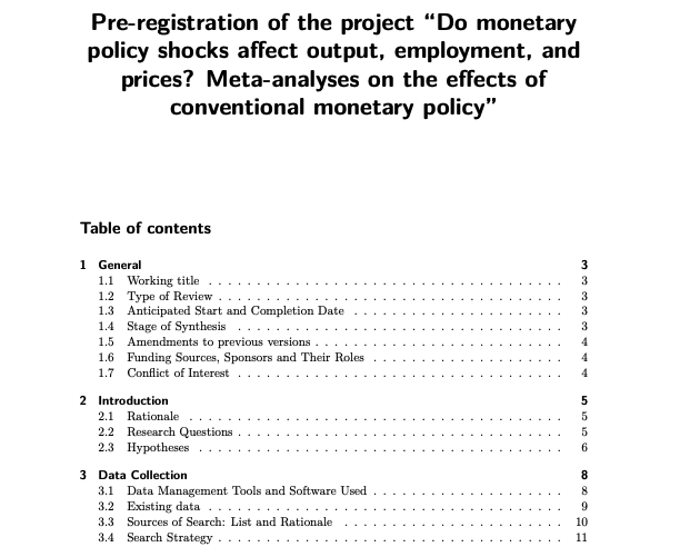 heimbergecon's tweet photo. We are conducting a meta-analysis of the effects of monetary policy on output, employment and prices. As we are trying to set new standards in macro-related meta-analysis, we provide a pre-registration, setting out research questions, hypotheses, data collection, methods etc. https://t.co/A4XhmKxkTN