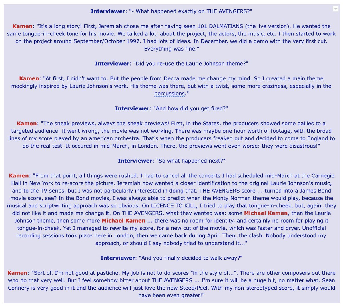 An interview with Michael Kamen about when he was scoring The Avengers: