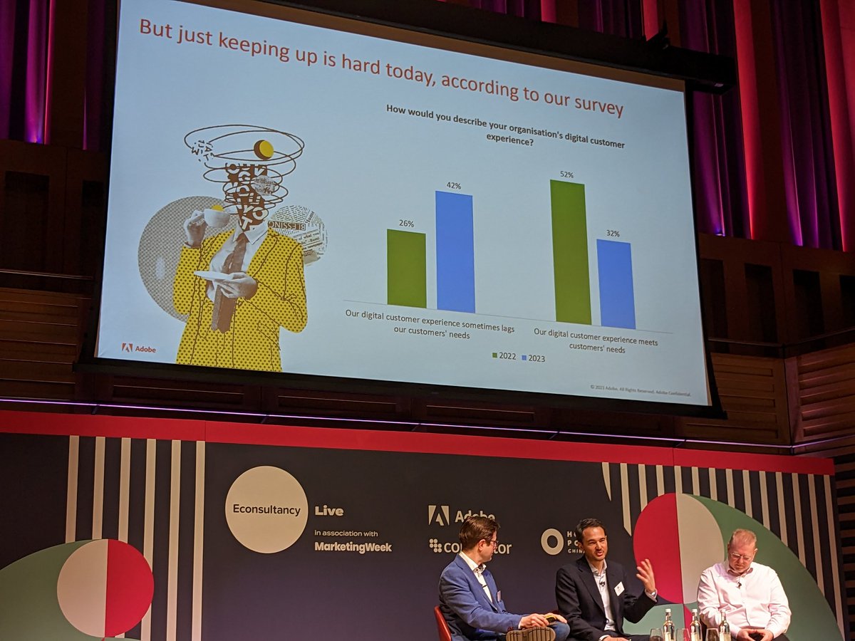 Econsultancy's tweet photo. 50% of senior execs are planning a tech overhaul in the next year.

On data, Adobe's Steve Allison says, "We see most success where they put a CDP in place... but it's the multidisciplinary teams that come together continuously through the process [that are key]" #econlive https://t.co/exHGXgYWOe