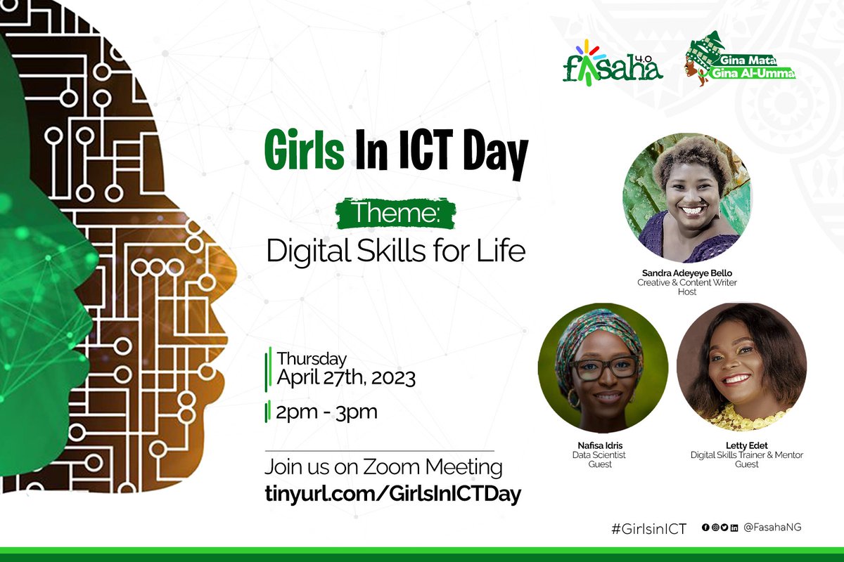Happy #GirlsInICT Day!
Join our efforts to inspire and propel more girls and young women into the world of technology.
Sign up for our webinar at 2pm WAT.
Register here: tinyurl.com/GirlsInICTDay
#GirlsinICTDay #FasahaNG #NatviewAfrica