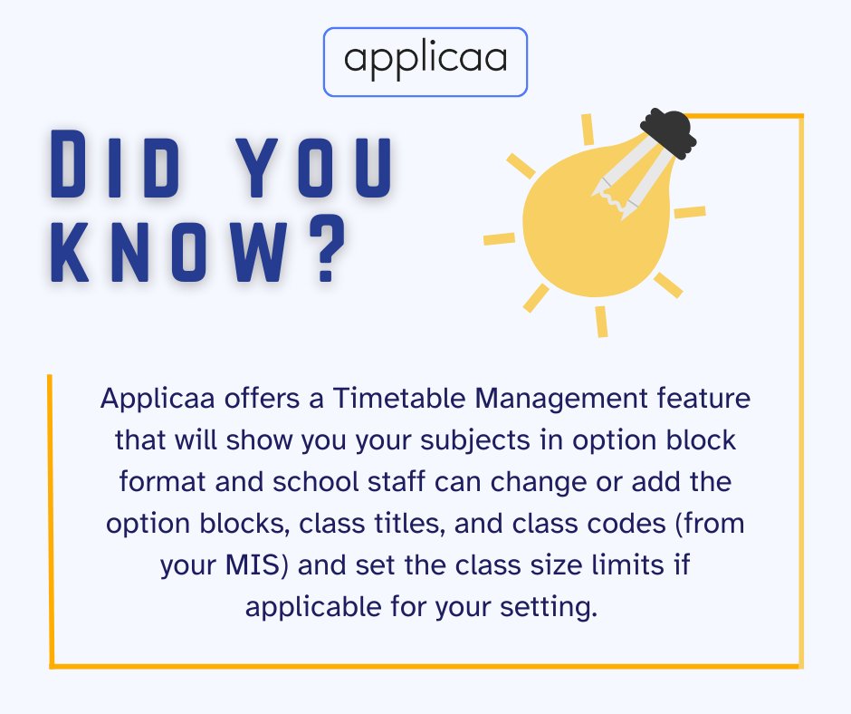 ApplicaaUK's tweet image. Say goodbye to manually adding and changing option blocks and classes for your Sixth Form timetables. With Applicaa, you can easily pick classes and track courses.⁣ Quickly drag and drop options into place!
hubs.ly/Q01MWmh40
#Applicaa #Sixthforms #schools #enrolment